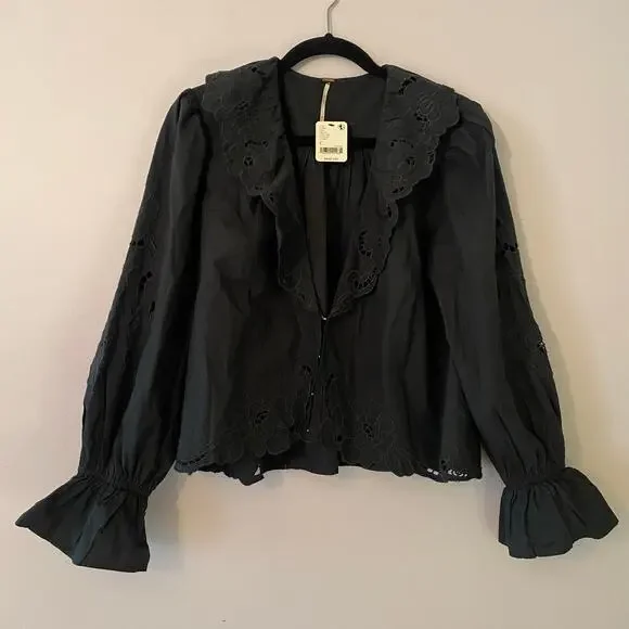 NWT Free People Maisie Cutwork Black Floral Embroidered Long Sleeve Blouse Small - Picture 2 of 11